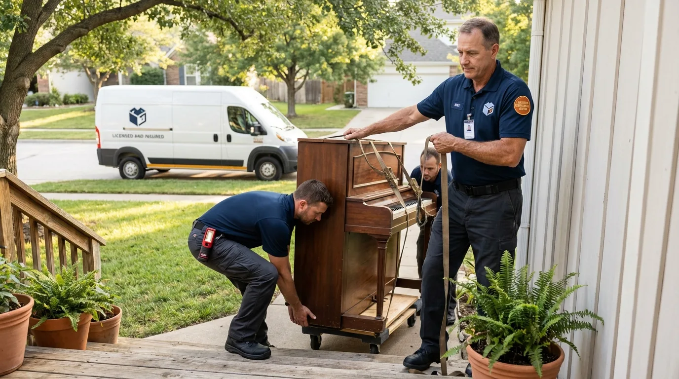 Licensed piano movers securing grand piano in Valley Park, MO