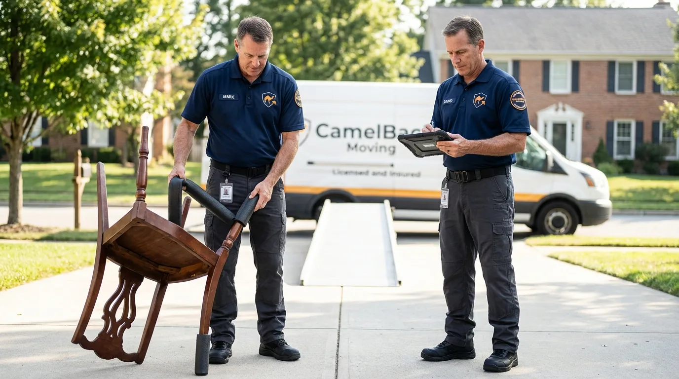 Movers inspecting furniture for damage prevention before loading in Valley Park, MO