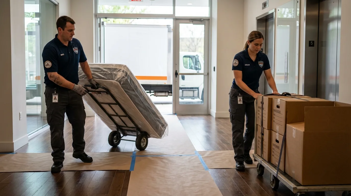 Professional apartment movers loading elevator in Valley Park, MO