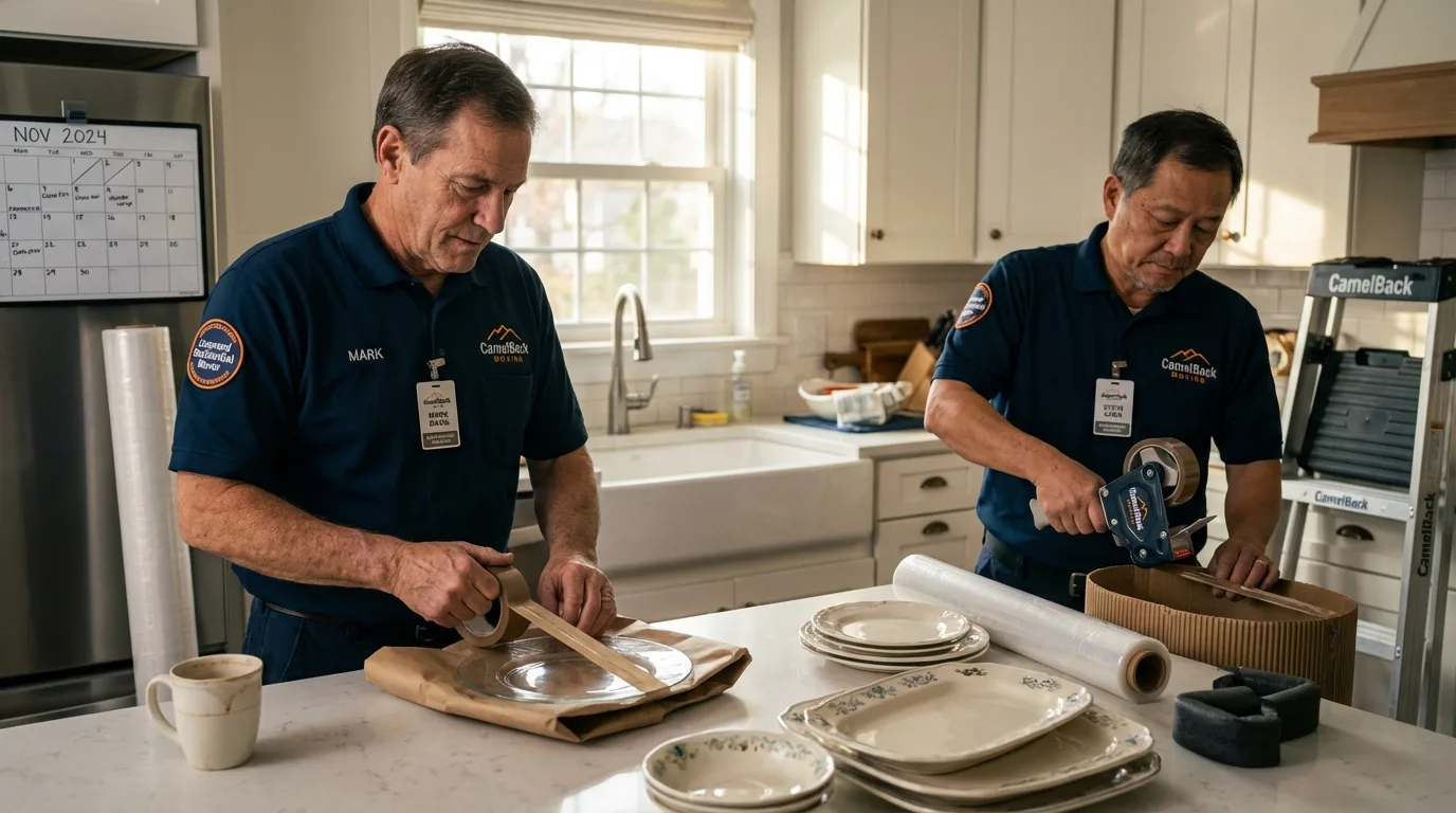 Professional crew packing kitchen dishware in Valley Park, MO